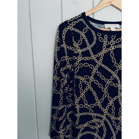 Michael Kors Dress XS Black Gold Chain Print Slinky Jersey Knit Long Sleeves - Picture 2 of 7